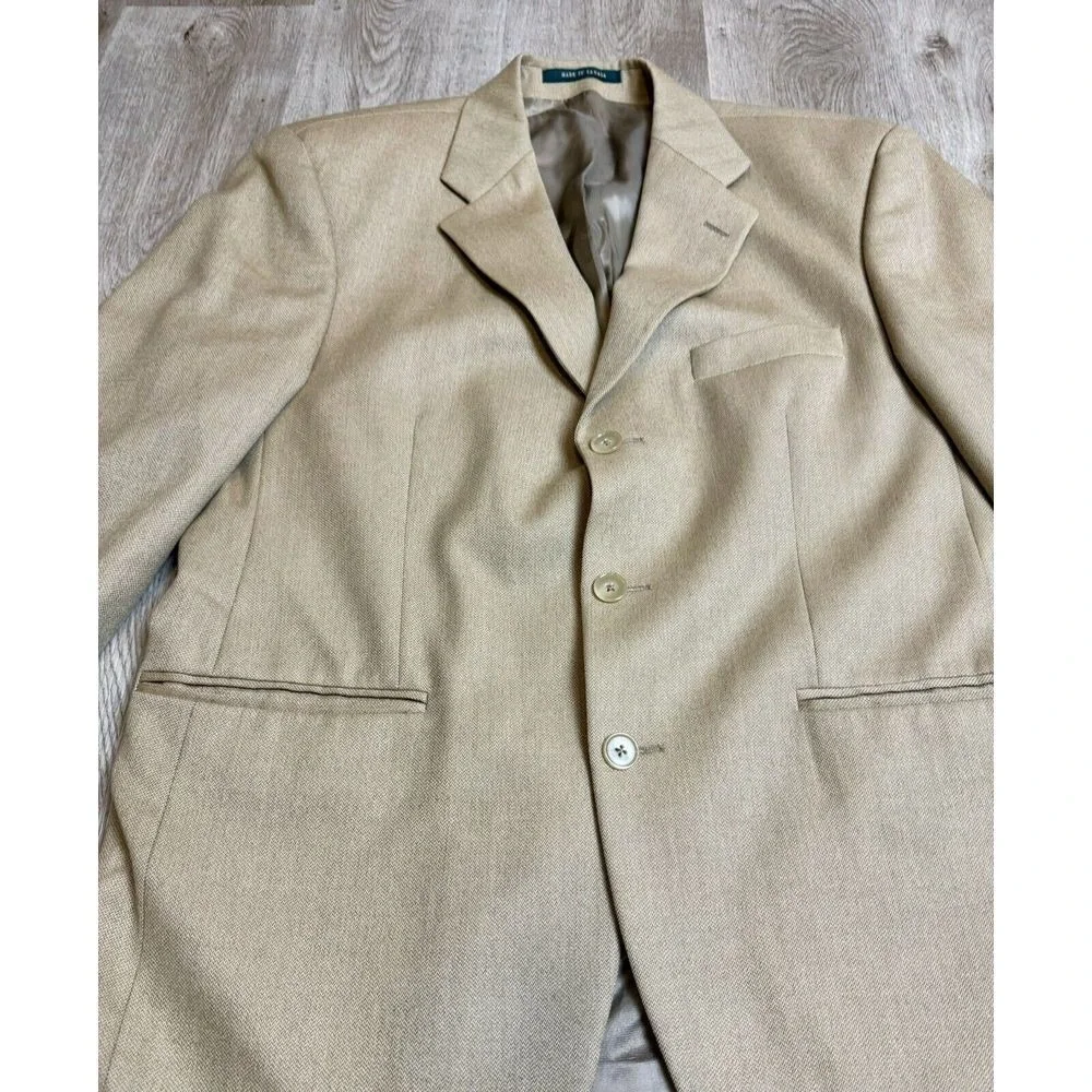 Lauren Ralph Mens Tan Herringbone Blazer Jacket Made in Canada Alpaca Sport Coat